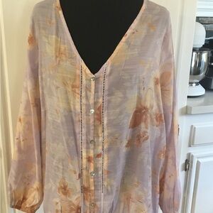Como Blu Womens 1X V-Neck Button Up Blouse Elastic Waist Pastel Floral Sheer. #H